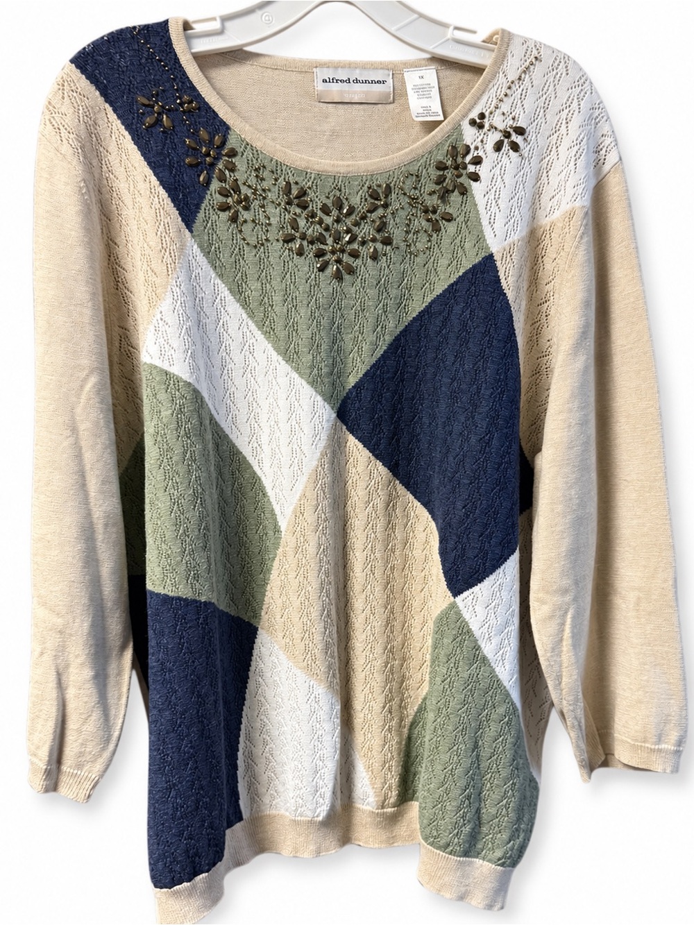 Alfred Dunner Women’s 1X Argyle Colorblock Embellished Knit Sweater Plus
